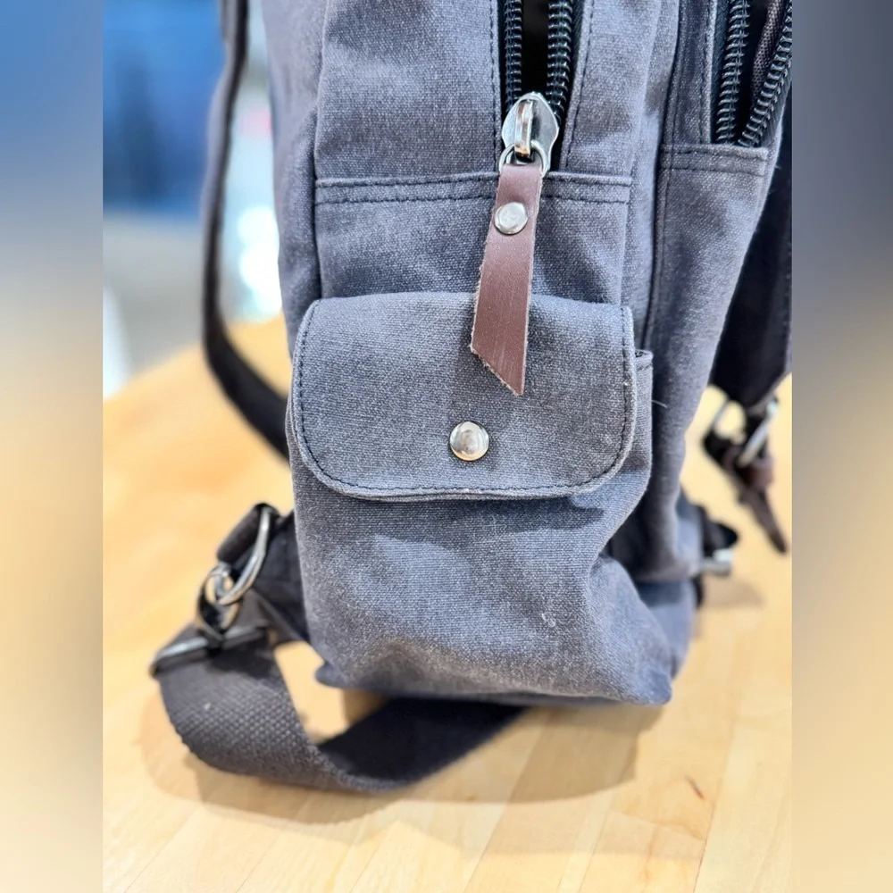 Gray Canvas Crossbody Backpack with Brown Accents Multiple Compartments Durable